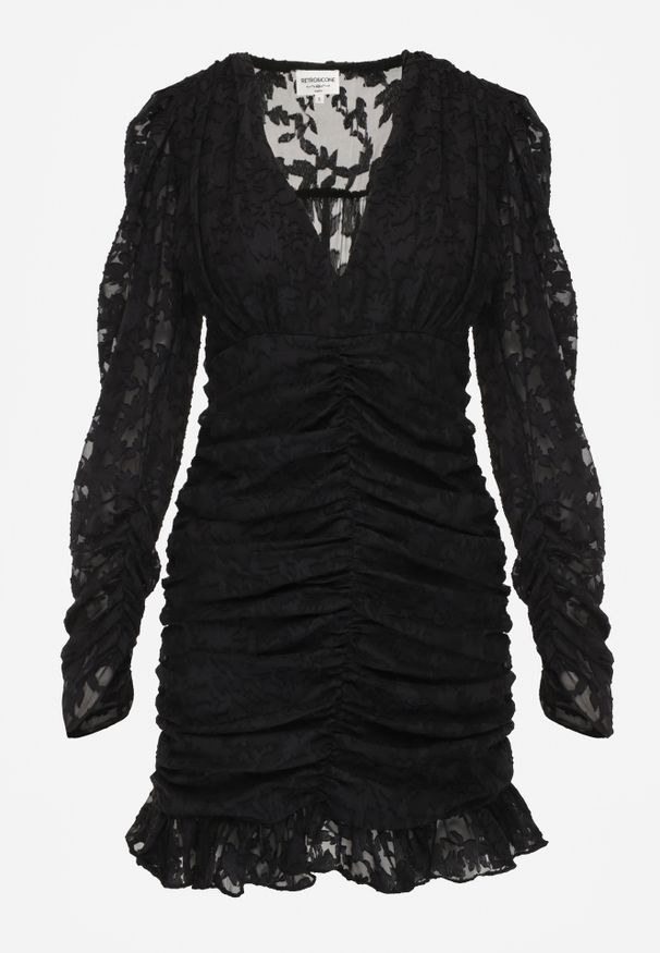 Renee - Czarna Dopasowana Sukienka Mini z Drapowaniem i Wzorem na Siateczce Welisia. Kolor: czarny. Styl: elegancki. Długość: mini