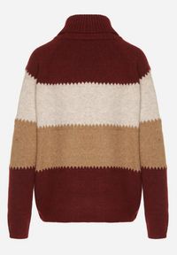 Born2be - Bordowy Golf Oversize w Szerokie Pasy z Domieszką Kaszmiru Nellemia. Okazja: na co dzień. Typ kołnierza: golf. Kolor: czerwony. Materiał: kaszmir. Styl: casual #2