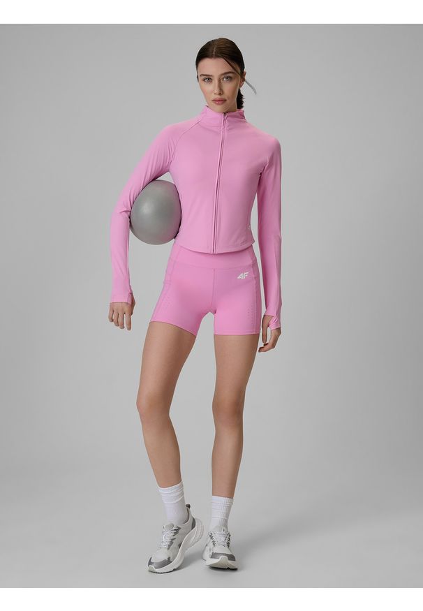 4f - 4F Bluza treningowa slim szybkoschnąca damska - różowa S. Okazja: na co dzień. Typ kołnierza: kołnierzyk stójkowy. Kolor: różowy. Materiał: skóra. Styl: casual, sportowy
