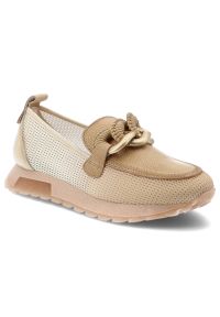 Półbuty damskie Hispanitas, ze skóry naturalnej z tekstylnymi wstawkami z siateczki wsuwany krój metalowa ozdoba na podbiciu, beżowe, SHV264834 Sumat. Kolor: beżowy. Materiał: skóra. Szerokość cholewki: normalna. Wzór: aplikacja. Sezon: wiosna, lato. Styl: elegancki #3