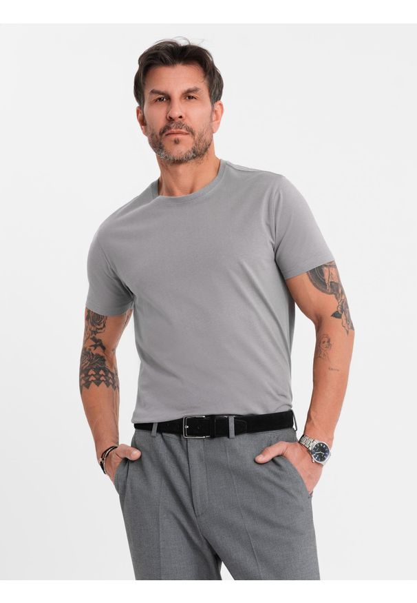 Ombre Clothing - Męski klasyczny bawełniany T-shirt BASIC - szary V3 - Rozmiar: M. Okazja: na co dzień. Kolor: szary. Materiał: bawełna. Styl: klasyczny