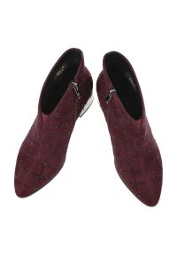 Bordowe Botki S.Barski Stylowe Buty Damskie. Zapięcie: zamek. Kolor: czerwony. Materiał: zamsz. Wzór: kratka, aplikacja. Obcas: na obcasie. Styl: elegancki. Wysokość obcasa: średni #4