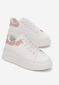 Renee - Biało-Różowe Sznurowane Sneakersy na Platformie z Aplikacją przy Sznurówkach Khirlie. Kolor: różowy. Wzór: aplikacja. Obcas: na platformie