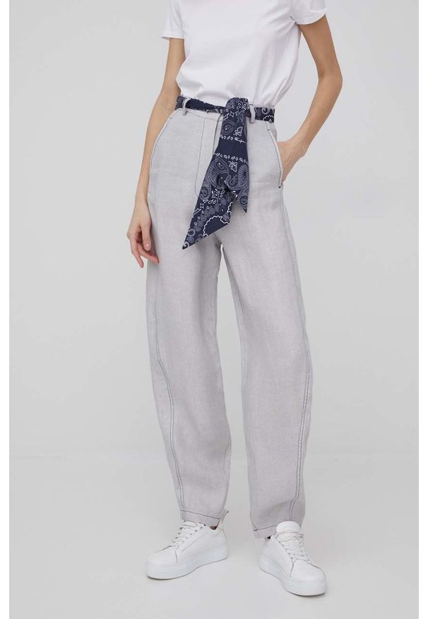 Emporio Armani spodnie damskie kolor szary szerokie high waist. Stan: podwyższony. Kolor: szary. Materiał: materiał