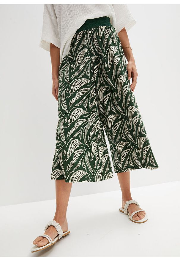 bonprix - Szerokie spodnie z dżerseju z mieszanki bawełny i wiskozy. Kolor: zielony. Materiał: wiskoza, jersey, bawełna. Sezon: lato