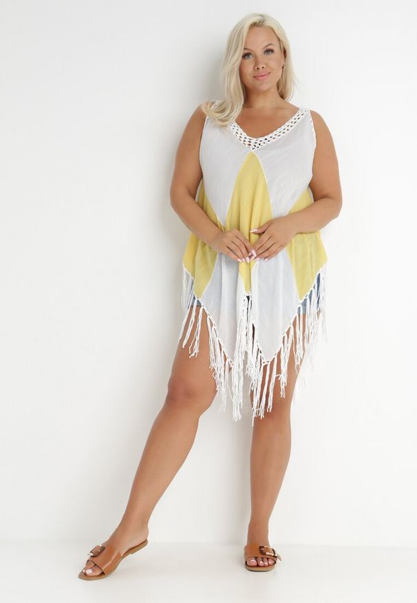 Born2be - Biało-Żółta Tunika Nyssaia. Okazja: na plażę. Kolor: biały. Długość rękawa: bez rękawów. Wzór: ażurowy, aplikacja, kolorowy