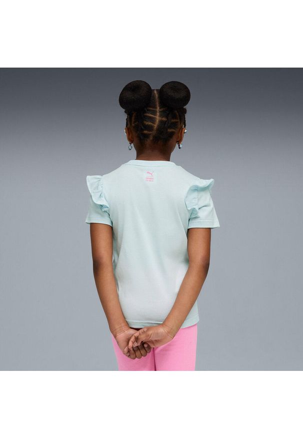 Koszulka dla dzieci Puma X Hello Kitty Friends Ruffle Tee. Kolor: biały. Materiał: bawełna, materiał. Wzór: motyw z bajki