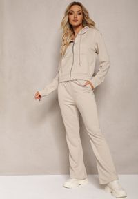 Renee - Beżowy Komplet Dresowy z Bawełny Spodnie Dzwony i Rozpinana Bluza z Kapturem Auim. Kolor: beżowy. Materiał: dresówka, bawełna #3