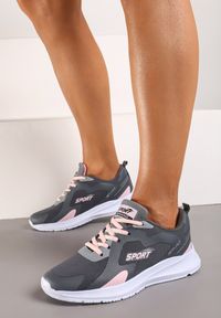Renee - Szaro-Różowe Sznurowane Buty Sportowe Sneakersy na Płaskiej Podeszwie Rosantia. Kolor: szary. Materiał: jeans, materiał. Obcas: na płaskiej podeszwie