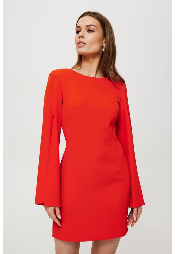 MOE - Koralowa Mini Sukienka z Rozciętymi Rękawami. Kolor: pomarańczowy. Materiał: poliester, elastan. Długość: mini