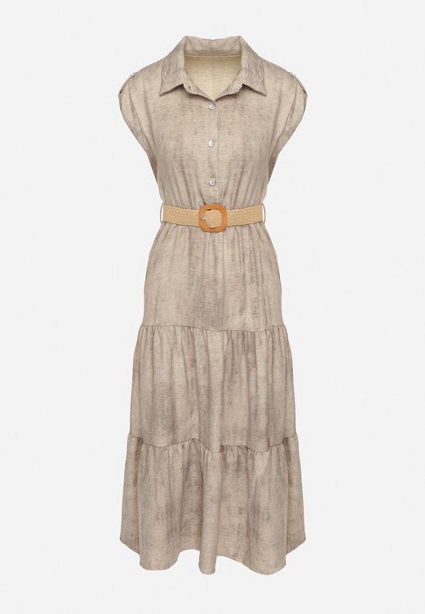 Born2be - Beżowa Sukienka Ozdobiona Plecionym Paskiem i Guzikami Filianea. Okazja: na co dzień. Kolor: beżowy. Materiał: jeans. Wzór: aplikacja. Styl: casual, elegancki