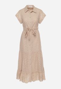 Born2be - Beżowa Sukienka Bawełniana z Ażurowym Wzorem i Wiązanym Paskiem Kelilena. Okazja: na co dzień. Kolor: beżowy. Materiał: bawełna. Długość rękawa: krótki rękaw. Wzór: ażurowy. Typ sukienki: rozkloszowane. Styl: elegancki, casual, retro #4