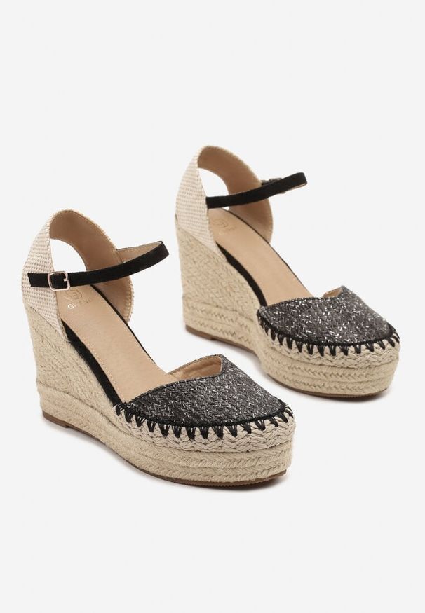 Born2be - Czarne Sandały Espadryle z Plecionką na Koturnie Weanise. Okazja: na co dzień. Kolor: czarny. Sezon: lato. Obcas: na koturnie. Styl: boho, elegancki, casual