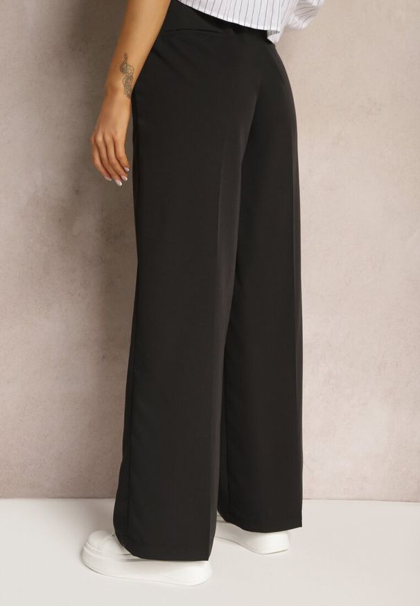 Renee - Czarne Materiałowe Spodnie z Szerokimi Nogawkami High Waist z Gumką w Talii Comina. Okazja: na co dzień. Stan: podwyższony. Kolor: czarny. Materiał: materiał. Styl: casual, elegancki