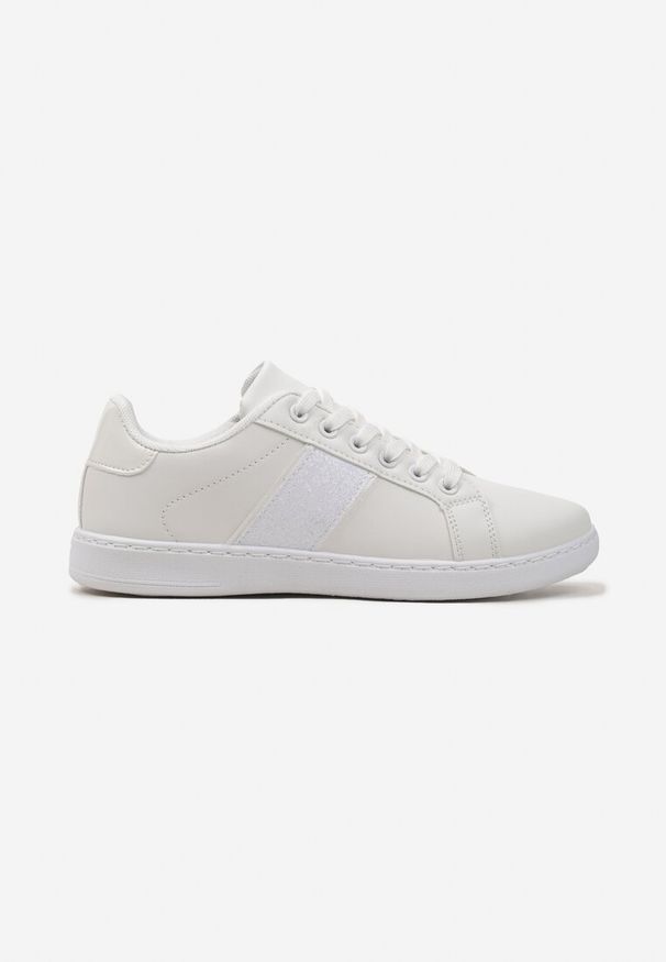 Renee - Białe Sneakersy Sznurowane Ozdobione Brokatem Vistasta. Nosek buta: okrągły. Zapięcie: sznurówki. Kolor: biały. Materiał: materiał. Wzór: aplikacja. Obcas: na obcasie. Wysokość obcasa: niski