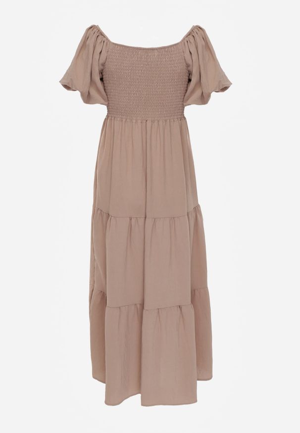 Renee - Beżowa Sukienka z Wiskozy o Rozkloszowanym Kroju z Bufiastymi Rękawkami Rosena. Kolor: beżowy. Materiał: wiskoza. Długość rękawa: krótki rękaw. Sezon: lato. Typ sukienki: rozkloszowane. Długość: maxi