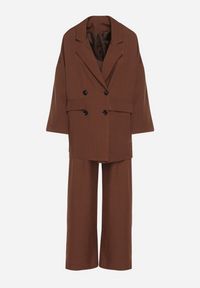 Born2be - Brązowy Komplet Garniturowy Dwurzędowa Marynarka Oversize i Szerokie Spodnie Tevalda. Kolor: brązowy. Wzór: aplikacja #6