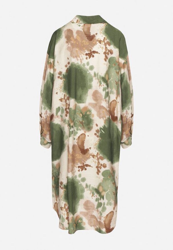 Born2be - Zielona Sukienka Koszulowa Oversize z Wiskozy w Abstrakcyjny Wzór Gonania. Okazja: na co dzień. Typ kołnierza: kołnierzyk klasyczny. Kolor: zielony. Materiał: wiskoza. Długość rękawa: długi rękaw. Typ sukienki: koszulowe, oversize. Styl: casual, klasyczny, elegancki