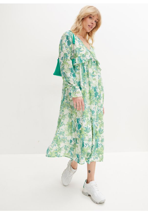 bonprix - Długa sukienka z falbanami. Kolor: zielony. Wzór: aplikacja. Długość: maxi