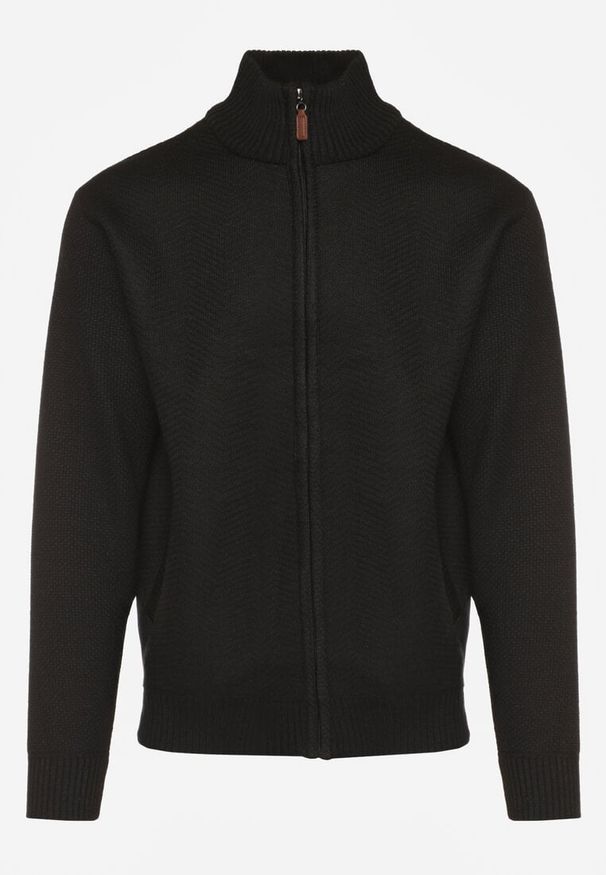 Born2be - Czarny Kardigan w Jodełkę na Suwak z Polarową Wyściółką Iwedara. Okazja: na co dzień. Kolor: czarny. Materiał: polar. Wzór: jodełka. Styl: casual, sportowy