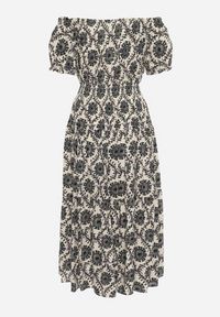 Born2be - Szaro-Beżowa Wiskozowa Sukienka Hiszpanka z Gumką w Pasie i przy Rękawkach Yilalama. Okazja: na co dzień. Typ kołnierza: dekolt hiszpanka. Kolor: szary. Materiał: wiskoza. Długość rękawa: krótki rękaw. Styl: casual #3