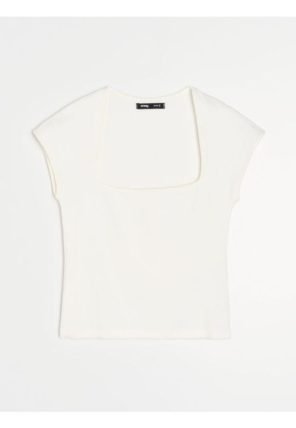 Sinsay - Prążkowana koszulka z rękawem kimono - kremowy. Kolor: kremowy. Materiał: prążkowany