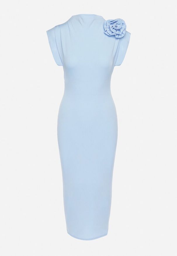 Born2be - Niebieska Sukienka Midi Dopasowana z Ozdobną Broszką w Kształcie Kwiatka Agnolia. Kolor: niebieski. Wzór: kwiaty. Styl: klasyczny. Długość: midi