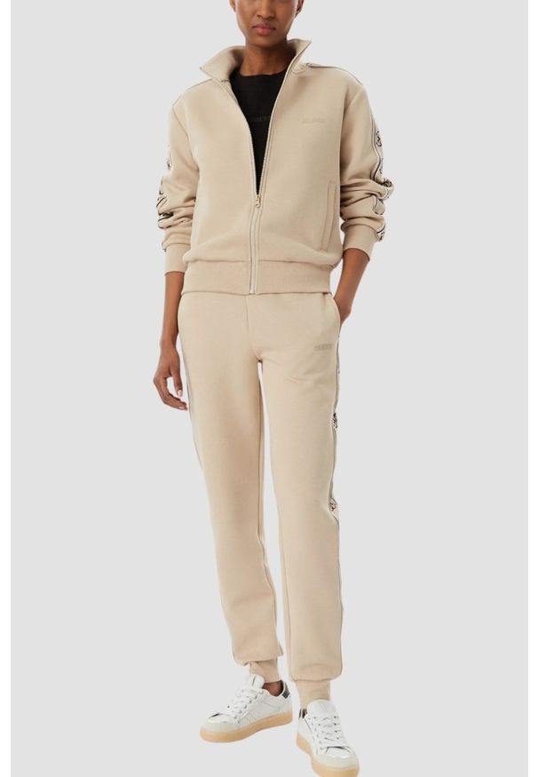 Guess - GUESS Beżowa damska bluza rozpinana z lampasami Britney, Rozmiar S. Okazja: na co dzień. Kolor: beżowy. Styl: elegancki, casual, sportowy