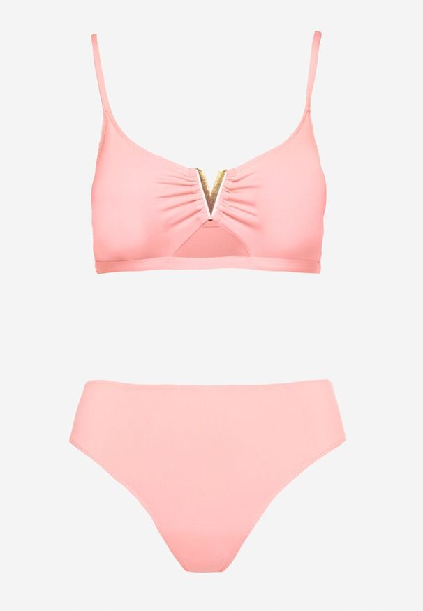 Renee - Różowe Bikini Majtki Figi i Biustonosz Ozdobiony Metaliczną Aplikacją Kinniela. Kolor: różowy. Wzór: aplikacja