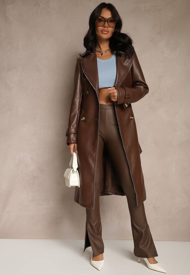 Renee - Brązowy Płaszcz Trencz z Ekoskóry o Dwurzędowym Kroju z Paskiem Nilianis. Okazja: na co dzień. Kolor: brązowy. Materiał: wiskoza, jeans, bawełna. Styl: elegancki, casual