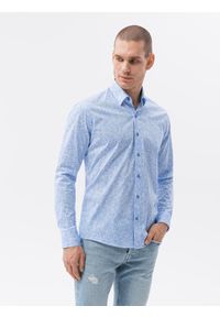 Ombre Clothing - Koszula męska z długim rękawem - błękitna K608 - XXL. Okazja: do pracy, na spotkanie biznesowe, na co dzień. Kolor: niebieski. Materiał: bawełna, elastan. Długość rękawa: długi rękaw. Długość: długie. Wzór: kwiaty. Styl: klasyczny, casual, biznesowy #5