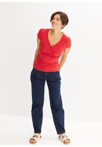 bonprix - Shirt z plisą guzikową, z bawełny organicznej. Typ kołnierza: dekolt w serek. Kolor: czerwony. Materiał: bawełna #2