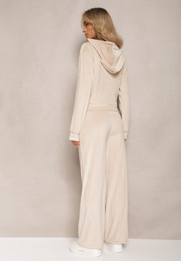 Renee - Beżowy Komplet Dresowy z Welurowej Dzianiny Szerokie Spodnie i Krótka Bluza Avilti. Kolor: beżowy. Materiał: dresówka, dzianina, welur