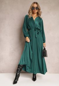 Renee - Zielona Maxi Sukienka z Plisowanym Dołem i Kopertowym Dekoltem Basila. Kolor: zielony. Typ sukienki: kopertowe. Długość: maxi #3