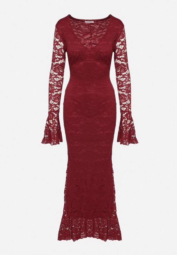 Born2be - Bordowa Koronkowa Sukienka o Dopasowanym Kroju z Szerokim Dołem Annadira. Kolor: czerwony. Materiał: koronka. Typ sukienki: proste
