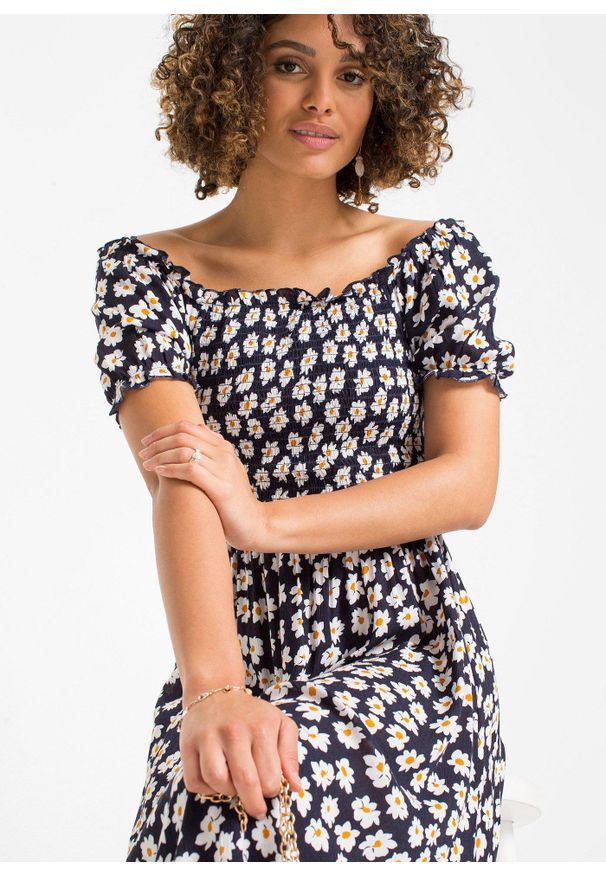 bonprix - Sukienka midi z czystej wiskozy. Kolor: niebieski. Materiał: wiskoza. Wzór: nadruk. Długość: midi