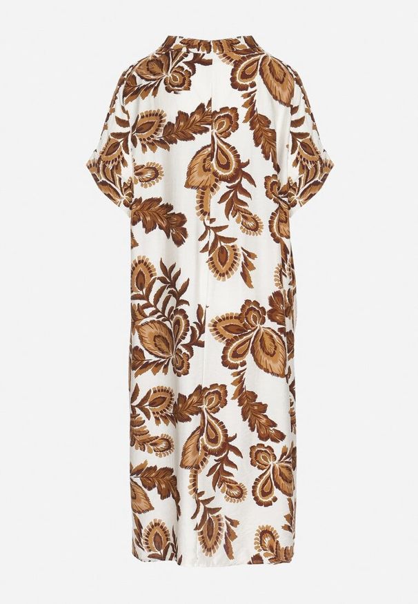 Born2be - Brązowa Sukienka z Wiskozą i Lnem Pudełkowa z Kieszeniami w Kwiatowy Wzór Boho Natundelia. Okazja: na co dzień. Kolor: brązowy. Materiał: wiskoza, len. Wzór: kwiaty. Styl: boho