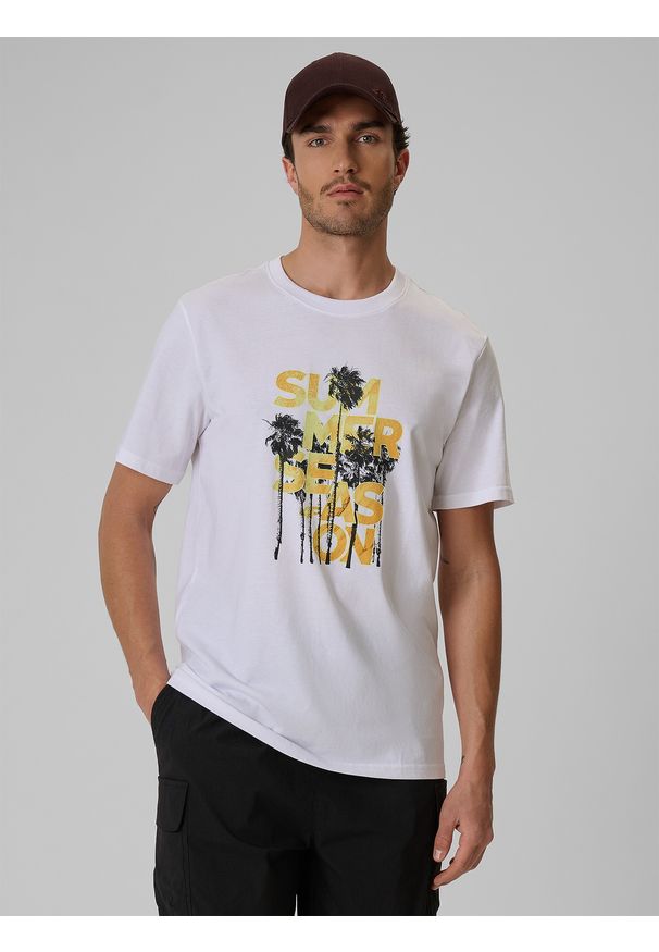 4f - 4F T-shirt regular z nadrukiem męski - biały M. Okazja: na co dzień. Kolor: biały. Materiał: jeans, dresówka, bawełna, dzianina. Wzór: nadruk. Styl: casual, klasyczny