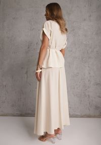 Renee - Beżowy Rustykalny Komplet z Lnem i Wiskozą Spódnica i Bluzka-Nietoperz Lilinney. Kolor: beżowy. Materiał: wiskoza, len #4