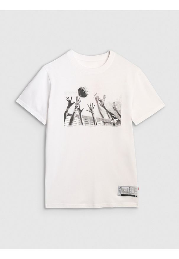 4f - 4F T-shirt regular z nadrukiem siatkarskim męski - biały S. Okazja: na co dzień, do domu. Kolor: biały. Materiał: bawełna, jersey, materiał. Wzór: nadruk. Styl: sportowy, klasyczny, casual