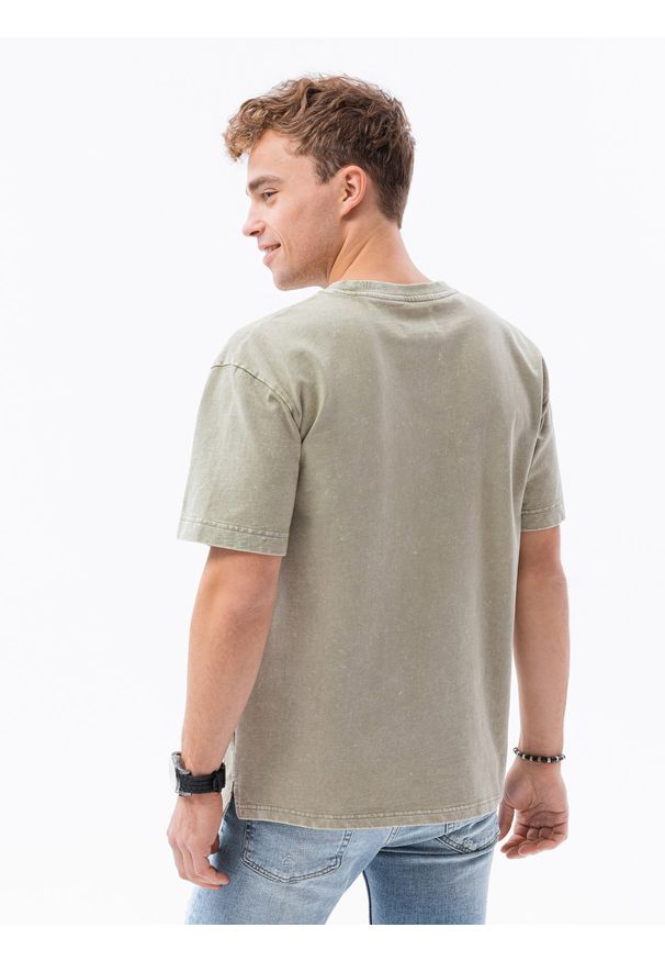 Ombre Clothing - T-shirt męski bawełniany S1379 - oliwkowy - XL. Kolor: oliwkowy. Materiał: bawełna. Długość: krótkie. Wzór: geometria