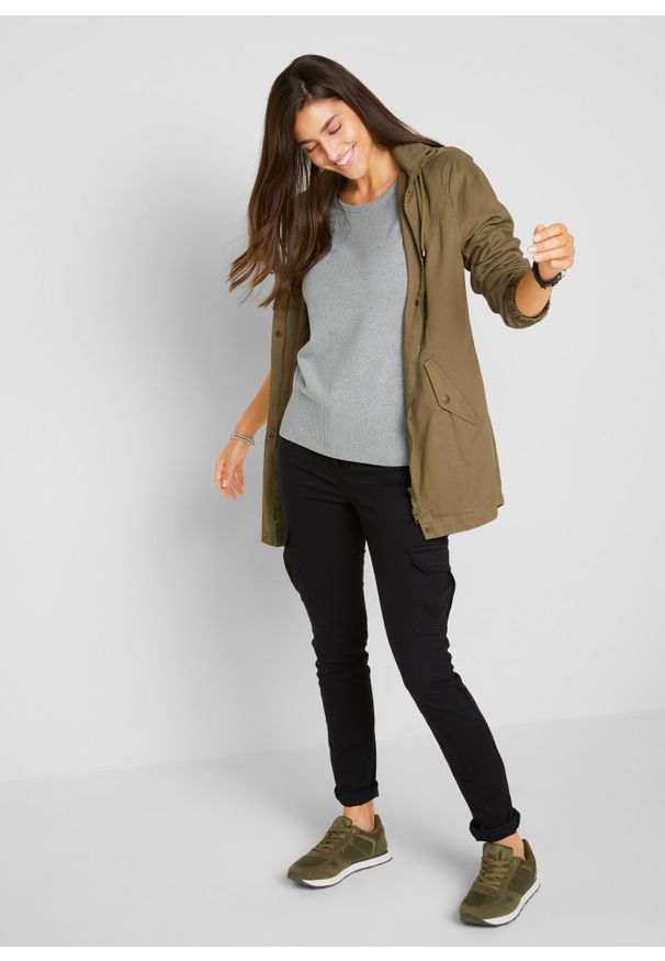 bonprix - Sweter basic z bawełny z recyklingu. Okazja: na co dzień. Kolor: szary. Materiał: bawełna. Wzór: gładki, prążki, ze splotem. Styl: casual