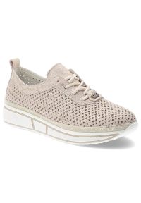 Sneakersy damskie Vinceza, ze skóry naturalnej zamszowej ażurowa cholewka sznurowanie lekka platforma casual, beżowe, 95387. Okazja: na co dzień. Zapięcie: sznurówki. Kolor: beżowy. Materiał: skóra, zamsz. Szerokość cholewki: normalna. Wzór: ażurowy. Obcas: na platformie. Styl: casual #1