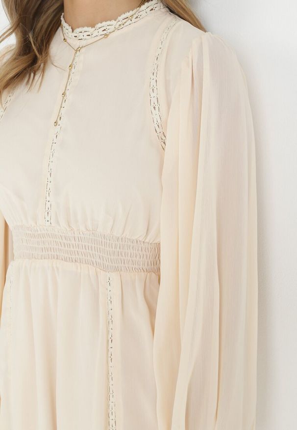 Born2be - Beżowa Elegancka Sukienka Midi z Gumkami w Pasie i Ażurowymi Wstawkami Rouxia. Kolor: beżowy. Wzór: ażurowy. Styl: elegancki. Długość: midi