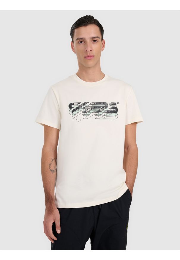 4f - 4F T-shirt regular z nadrukiem męski - biały S. Kolor: biały. Materiał: skóra, materiał. Wzór: nadruk