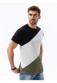 Ombre Clothing - T-shirt męski bawełniany trzykolorowy - czarno/oliwkowy V4 S1627 - XL. Kolor: czarny. Materiał: bawełna