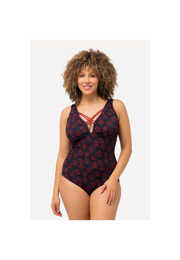 ULLA POPKEN - Damski Kostium kąpielowy kwiaty ozdobne tasiemki miękkie miseczki. Kolekcja: plus size. Kolor: niebieski. Materiał: poliester, elastan, poliamid, materiał. Wzór: kwiaty