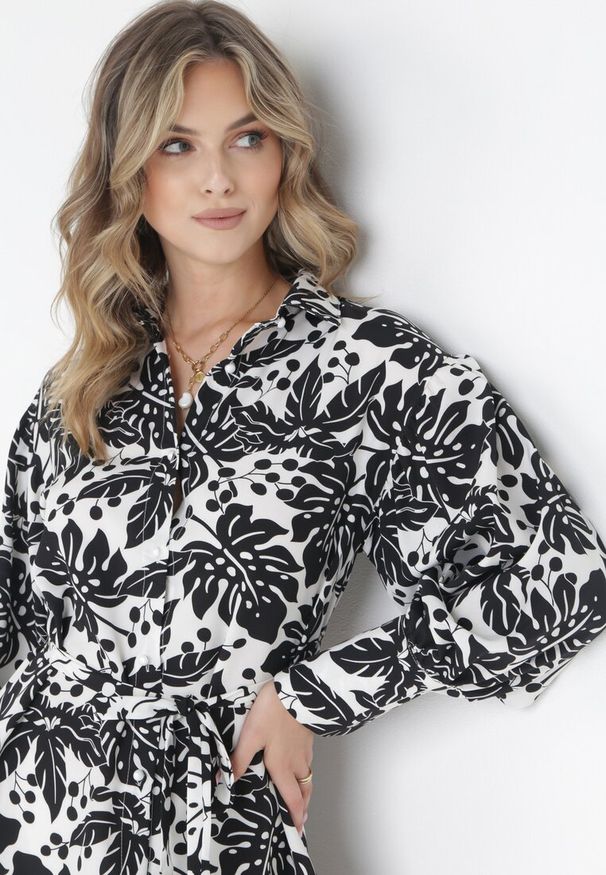 Born2be - Czarna Koszulowa Sukienka Mini z Materiałowym Paskiem i Szerokimi Mankietami Fidonisa. Kolor: czarny. Materiał: materiał. Długość rękawa: długi rękaw. Wzór: kwiaty, nadruk. Typ sukienki: koszulowe. Długość: mini