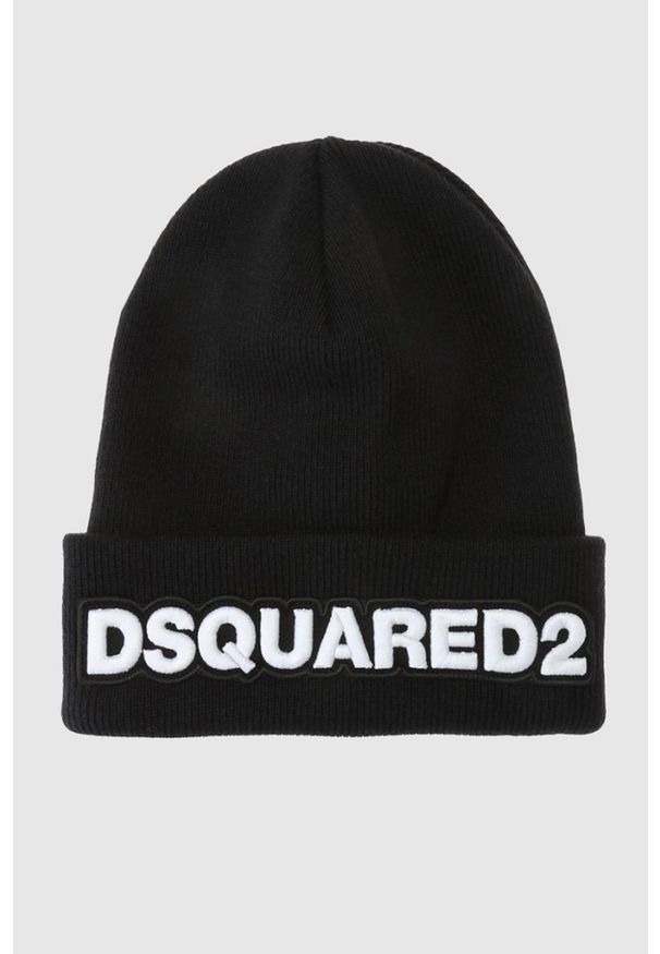 DSQUARED2 Czarna wełniana czapka z haftowanym białym logo. Kolor: czarny. Materiał: wełna. Wzór: haft