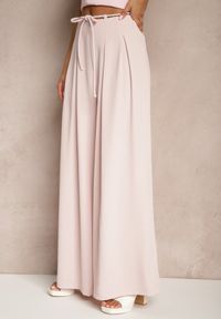 Renee - Różowe Szerokie Spodnie High Waist Zapinane na Suwak z Wiązaniem w Talii Vikonnia. Okazja: na co dzień. Stan: podwyższony. Kolor: różowy. Styl: klasyczny, elegancki, casual